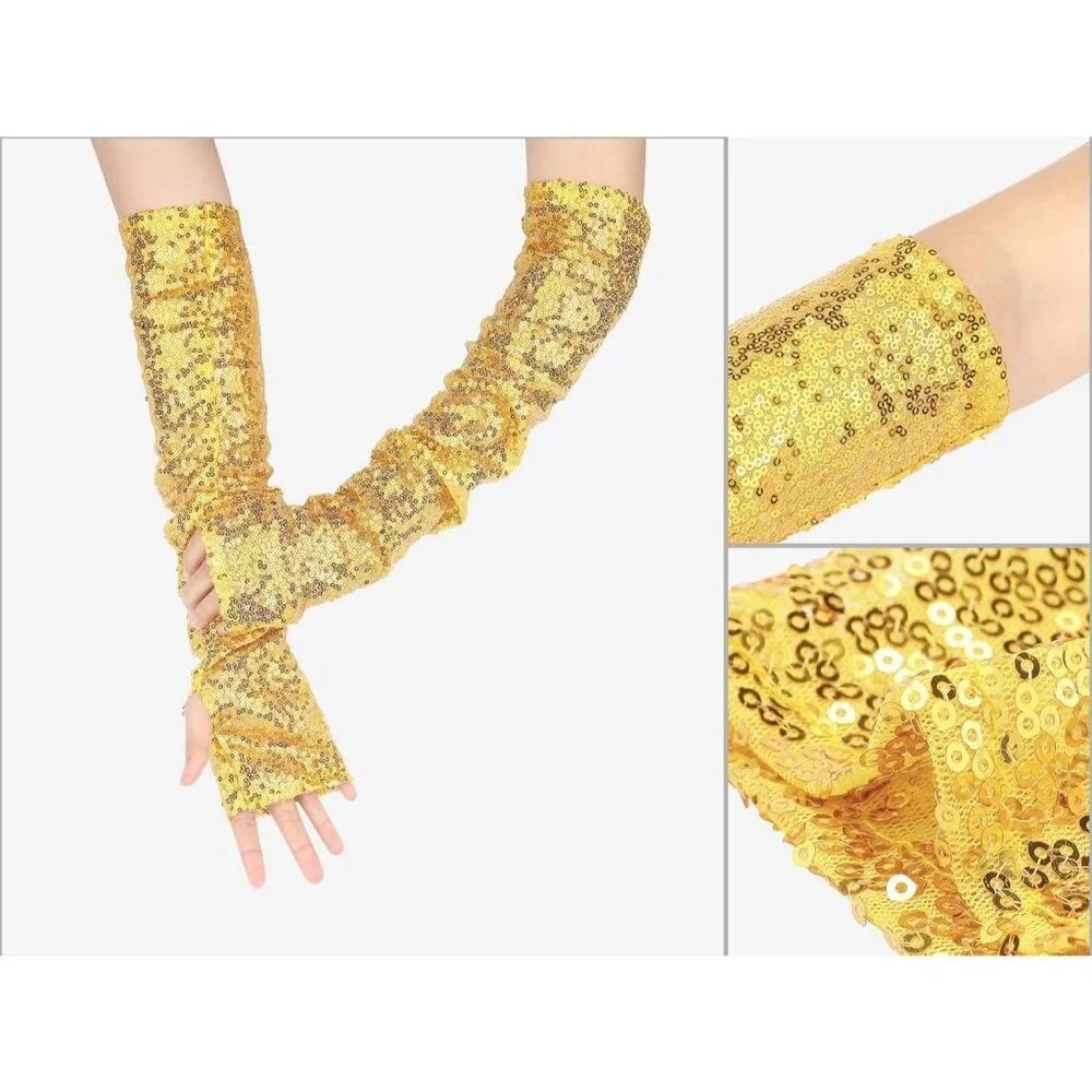 Women's Sequin Gold Sparkly Fingerless Long Arm Sleeve Warmers Gloves Party
